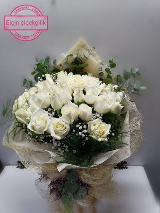 Hasır Paketli 41 Beyaz Gül Buketi, Kütahya çiçekçi